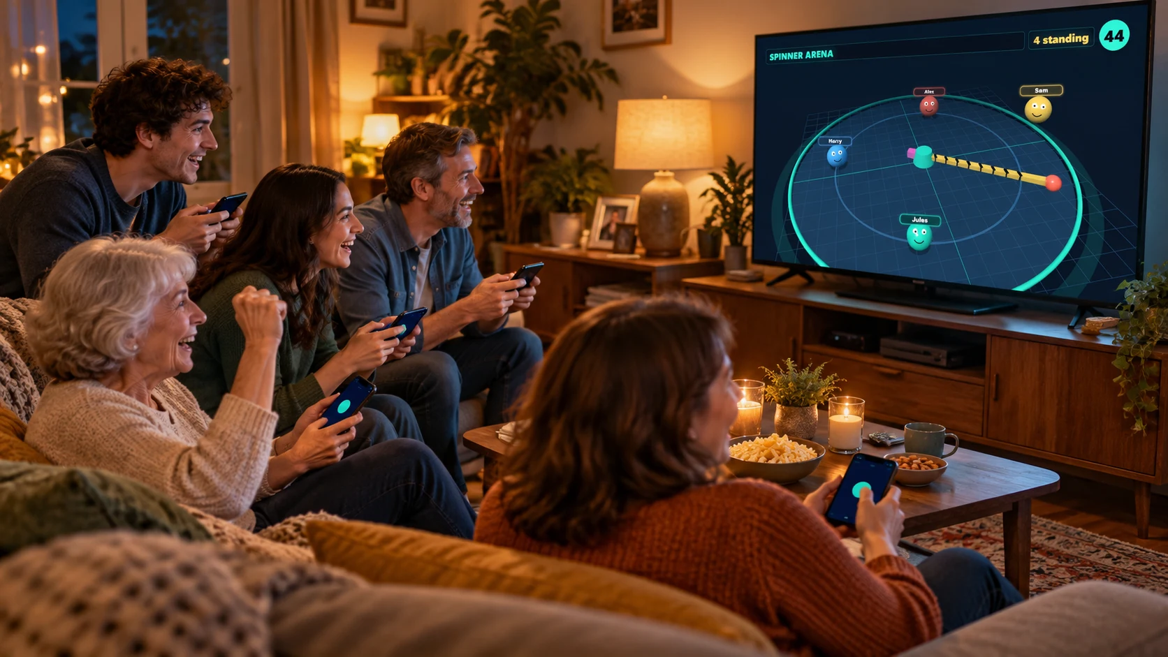 AI-generated family playing TV Party with phones, including a delighted grandma, while Spinner Arena is on the big screen