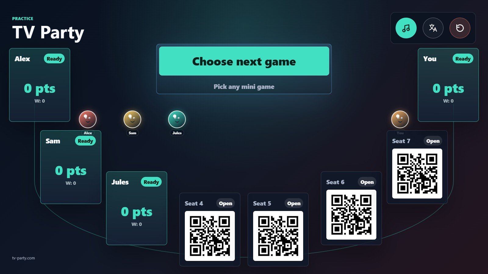 TV Party lobby with players ready and QR codes pointing to tv-party.com